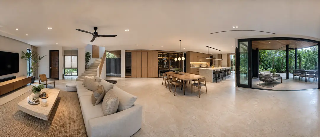 Original ultra-wide Bachmeijer 360-degree presentation visual study of an anonymous open-plan living, dining and kitchen interior in Singapore.