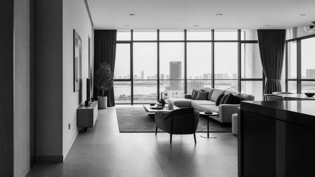 Original Bachmeijer visual study of a contemporary Johor Bahru waterfront condominium living room prepared for real-estate photography and walkthrough planning.
