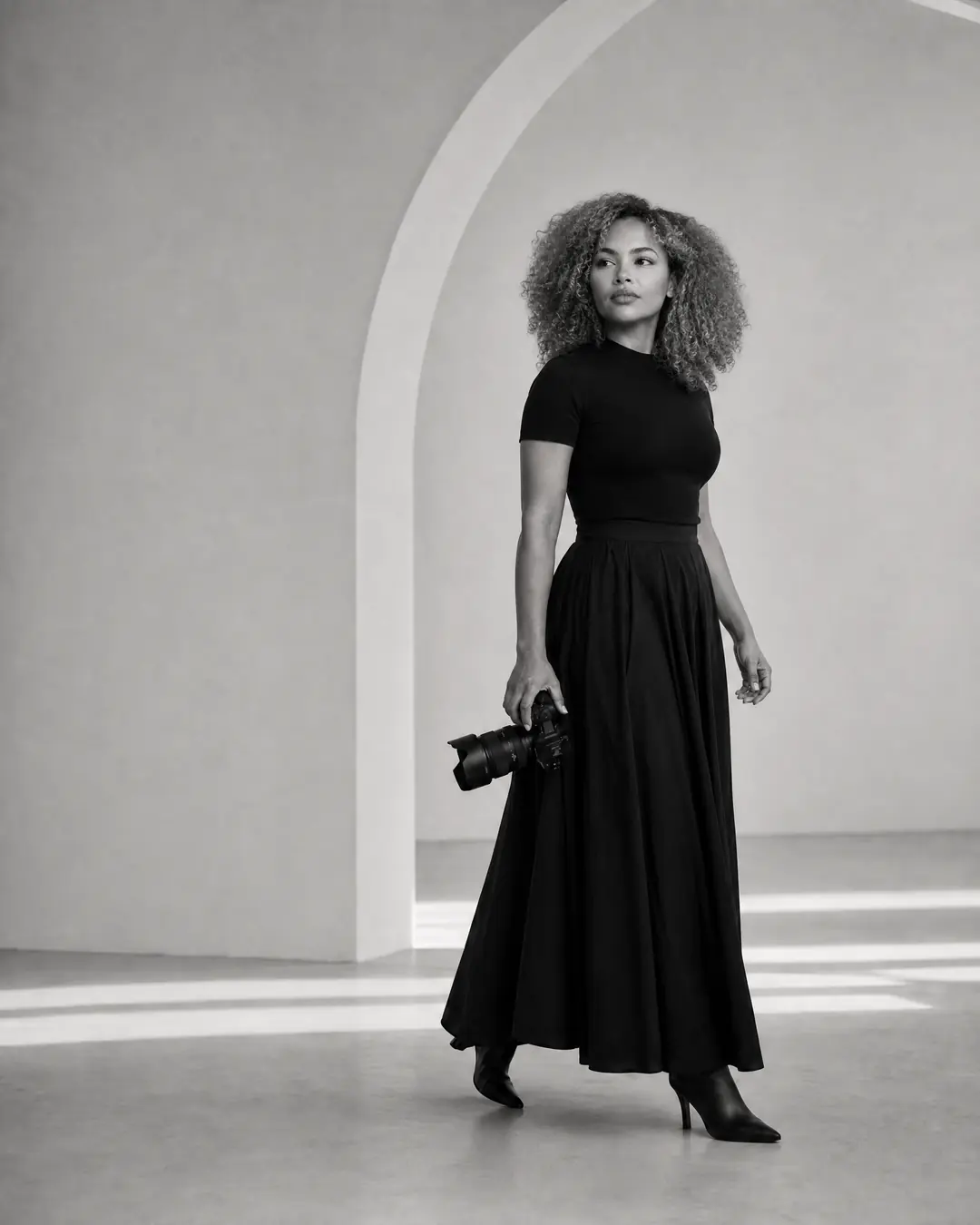 Founder portrait visual study based on Marsha Bagmeijer’s supplied reference photographs, with natural Afro-curly hair and a modest black outfit